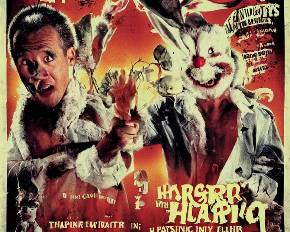 Prompt: a horror movie poster featuring the easter bunny fighting gilbert gottfried