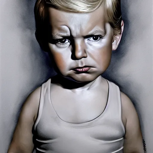 Prompt: portrait donald trump as a pouting toddler, fine art, award winning, desaturated, brown tones, intricate, elegant, sharp focus, cinematic lighting, digital painting, 8 k concept art, by michael hussar and greg manchess and brom and z. w. gu, 8 k