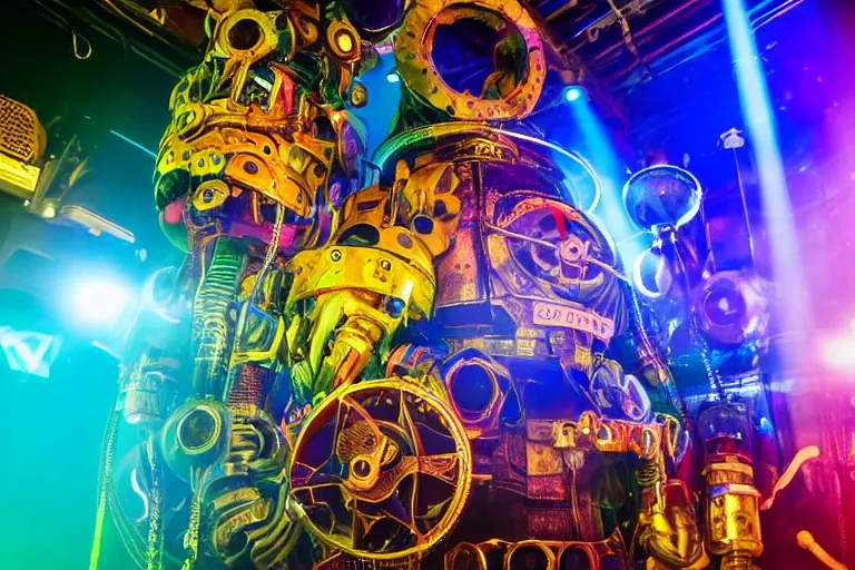 Image similar to scene is elrow party in space in ibiza, portrait photo of a giant huge golden and blue metal steampunk robot, with gears and tubes, eyes are glowing red lightbulbs, shiny crisp finish, 3 d render, 8 k, insaneley detailed, fluorescent colors, haluzinogetic, background is multicolored lasershow