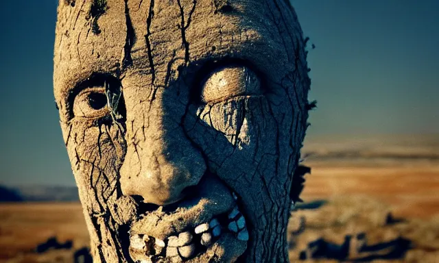 Image similar to close-up of a crying ancient dried up Danu, peaceful, facing the camera and standing in front of a dried up river in a desolate land, dead trees, blue sky, hot and sunny, highly-detailed, elegant, dramatic lighting, artstation, 4k, cinematic landscape, photograph by Elisabeth Gadd