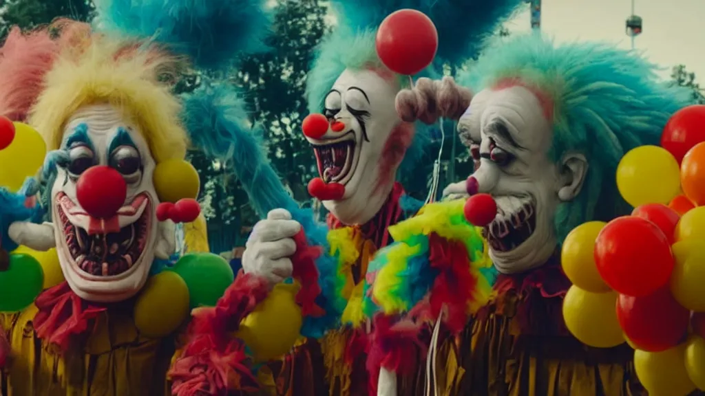 Image similar to the clown monster at the fair, they tie a balloon animal, film still from the movie directed by denis villeneuve and david cronenberg with art direction by salvador dali and dr. seuss