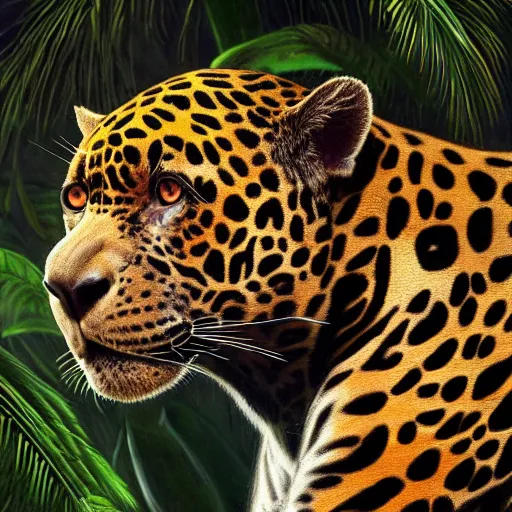 Image similar to jungle jaguar, hyperrealistic oil painting, super detailed, colorized, 4k, trending on Artstation, D&D, fantasy, raytracing, award winning, art by James C Christensen and Michael Hutter, spectacular lighting, octane rendered