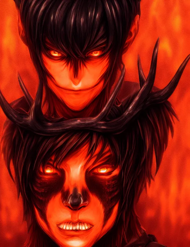 Prompt: a detailed manga portrait of a pitch black demon boy with dark antlers and crimson hair and glowing orange eyes, trending on artstation, digital art, 4 k resolution, detailed, high quality, sharp focus, hq artwork, coherent, insane detail, character portrait