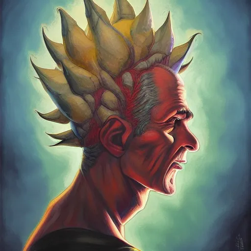 Image similar to humandesign mohawk projector portrait by gaston bussierre and charles vess and james jean and erik jones and rhads, inspired by rick and morty, epic, funny, huge scale, beautiful fine face features, intricate high details, sharp, ultradetailed