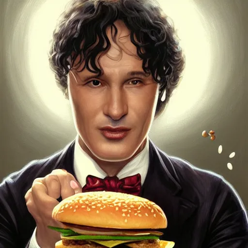 Prompt: portrait of Harry Houdini eating hamburgers, extra onions and ketchup, luscious patty with sesame seeds, feminine ethereal, handsome, D&D, fantasy, intricate, elegant, highly detailed, digital painting, artstation, concept art, matte, sharp focus, illustration, art by Artgerm and Greg Rutkowski and Alphonse Mucha