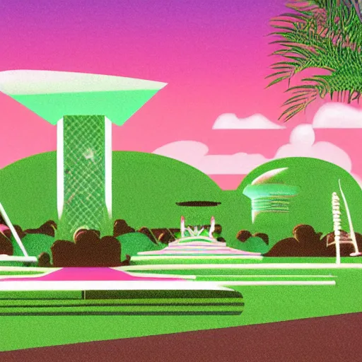 Image similar to art deco vaporwave illustration of a green park in a futuristic pastel city