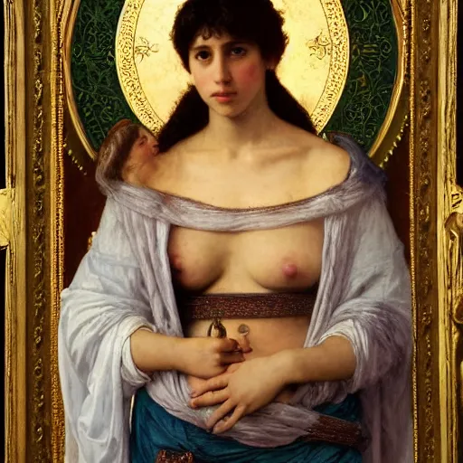 Image similar to a renaissance oil painting portrait by alma tadema of a holy divine prophet beautiful saint banda bear, dark lit candles, colourful pastel, detailed academic bouguereau, sharp focus, high contrast studio lighting