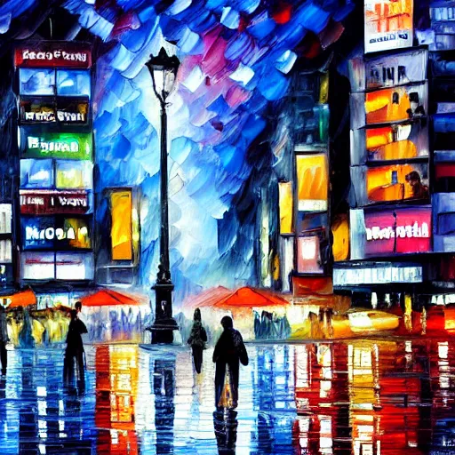 Prompt: Oil painting of Shibuya Crossing by Leonid Afremov