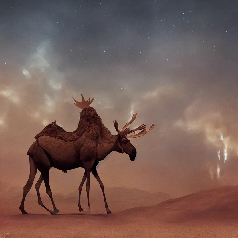 Image similar to an otherworldly camel moose, walking in an extraterrestrial desert. pulp sci - fi art. soft lighting. muted colors. dark background