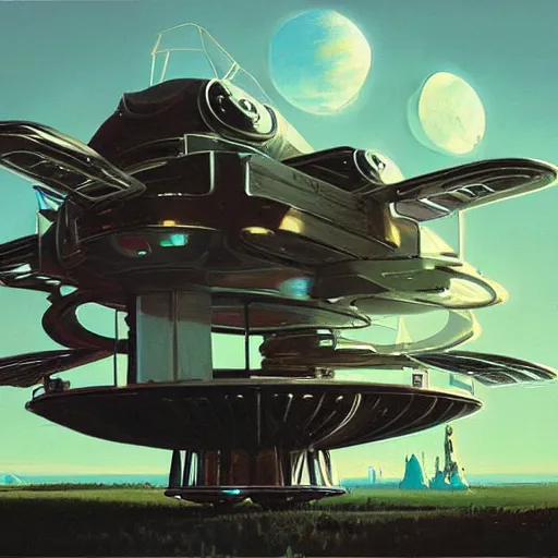 Prompt: painting of syd mead artlilery spaceship with ornate metal work lands in country landscape, filigree ornaments, volumetric lights, simon stalenhag