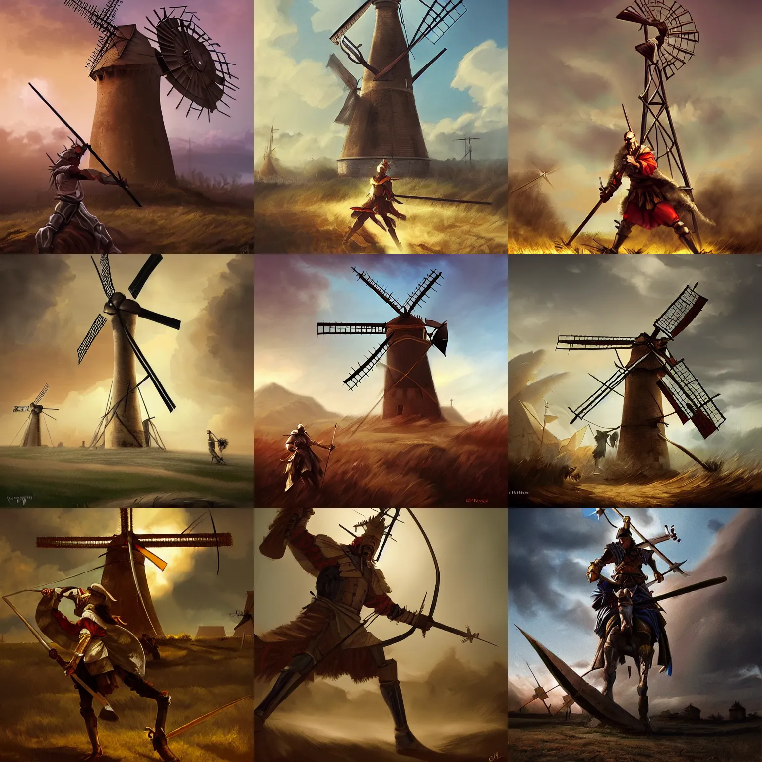 Prompt: dom quixote fighting a giant windmill, big spear, digital art, artstation, dramatic lighting