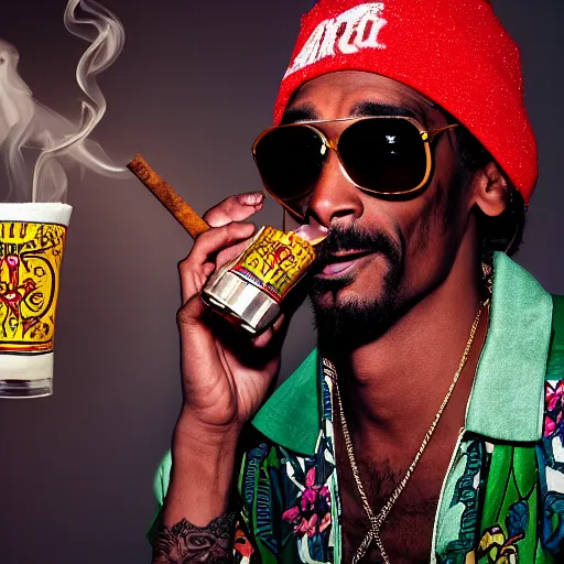 Image similar to a closeup photorealistic photograph of happy stoned blunt smoking snoop dogg at trader vic's bar holding up a trader vic's style tiki mug featuring snoop dogg's face. tiki culture. lit scene. 4 k hd image that's trending on artstation, featured on behance, well rendered, extra crisp, features epic composition and the style of unreal engine.