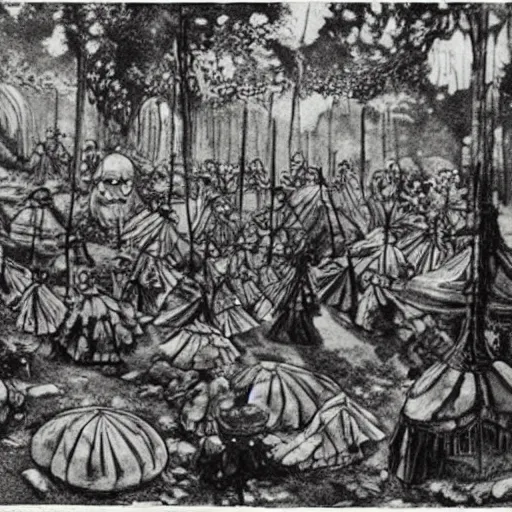 Image similar to a beatiful dwarven festival in 1917 in a fertile green park with surreal elven nature, a gnome rock band concert and dwarven BBQ