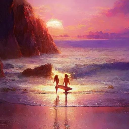 Image similar to twin flame pleadians with mermaid towers and sparkling ocean with pink sunset and mermaids swimming hue highly detailed oil painting hue by craig mullins