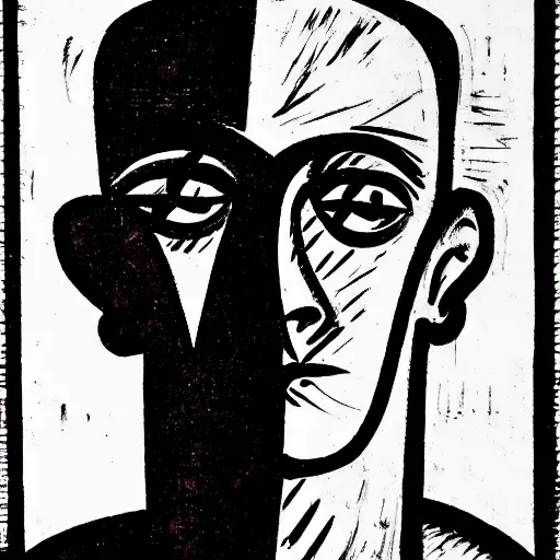 Prompt: a portrait a very ordinary person, by Max Beckmann, woodcut, black and white, anatomically correct, beautiful perfect face, large brushstrokes, sharp focus, Highly Detailed