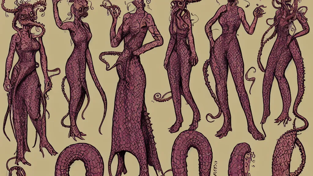 Image similar to aged paper, colorful character sheet for a stocky alien extraterrestrial female servant maid with thick snake - like tentacles instead of hair, long dress with apron, retrofuture, 7 0 s science fiction, coherent, illustration, digital art, trending on artstation, hd, 8 k, good lighting, beautiful, rough paper, masterpiece