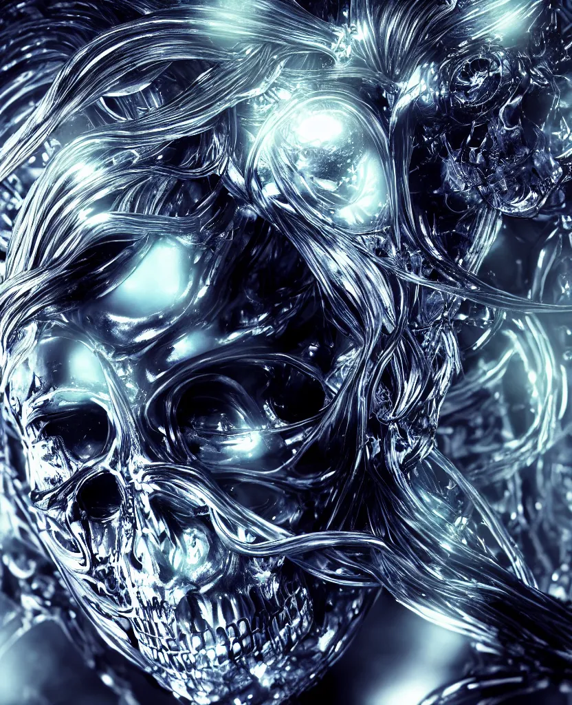 Image similar to close-up macro portrait of the face of a beautiful princess in a skull chrome mask, epic angle and pose, symmetrical artwork, 3d with depth of field, blurred background, cybernetic jellyfish female face skull phoenix bird, translucent, nautilus, energy flows of water and fire. a highly detailed epic cinematic concept art CG render. made in Maya, Blender and Photoshop, octane render, excellent composition, cinematic dystopian brutalist atmosphere, dynamic dramatic cinematic lighting, aesthetic, very inspirational, arthouse. y Greg Rutkowski, Ilya Kuvshinov, WLOP, Stanley Artgerm Lau, Ruan Jia and Fenghua Zhong