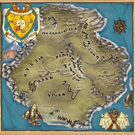 Prompt: map of the kingdom of almara with the crest of the kingdom in the top left corner, mountains, villages, roads, medieval - fantasy