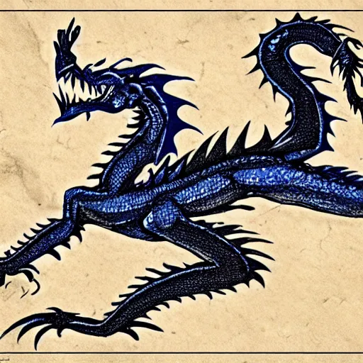 Image similar to blueprint of a fantasy dragon on papyrus