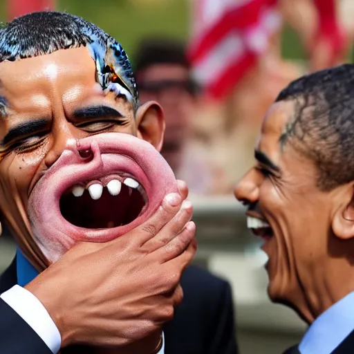 Prompt: extreme silly face championship barrack obama winning entry, face pulling world tournament 2 0 1 9. funny and grotesque face pulling competition.
