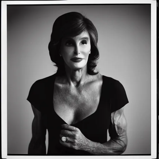 Image similar to photo of Caitlyn Jenner by Diane Arbus, black and white, high contrast, Rolleiflex, 55mm f/4 lens