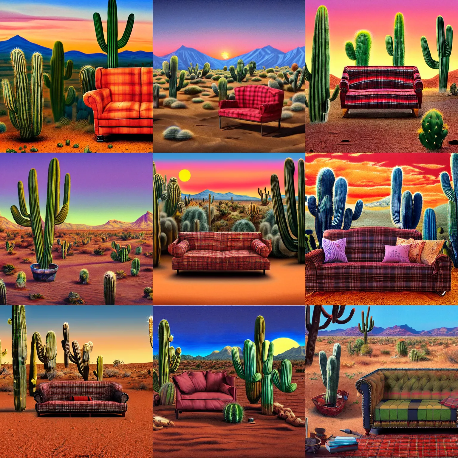 Prompt: a plaid couch sitting alone in a western desert at dusk, cactus adjacent, lowbrow, matte painting, highly detailed, in the style of robert williams