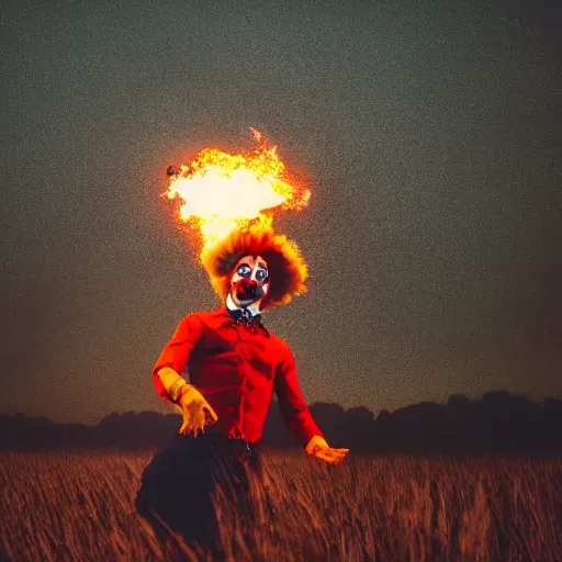 Image similar to man wearing clown makeup dancing in field on fire, cinematic lighting, 8 k