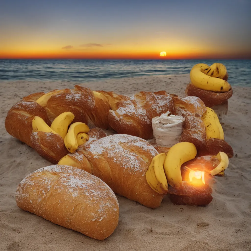 Image similar to a bread and a banana in love at the beach with sunset