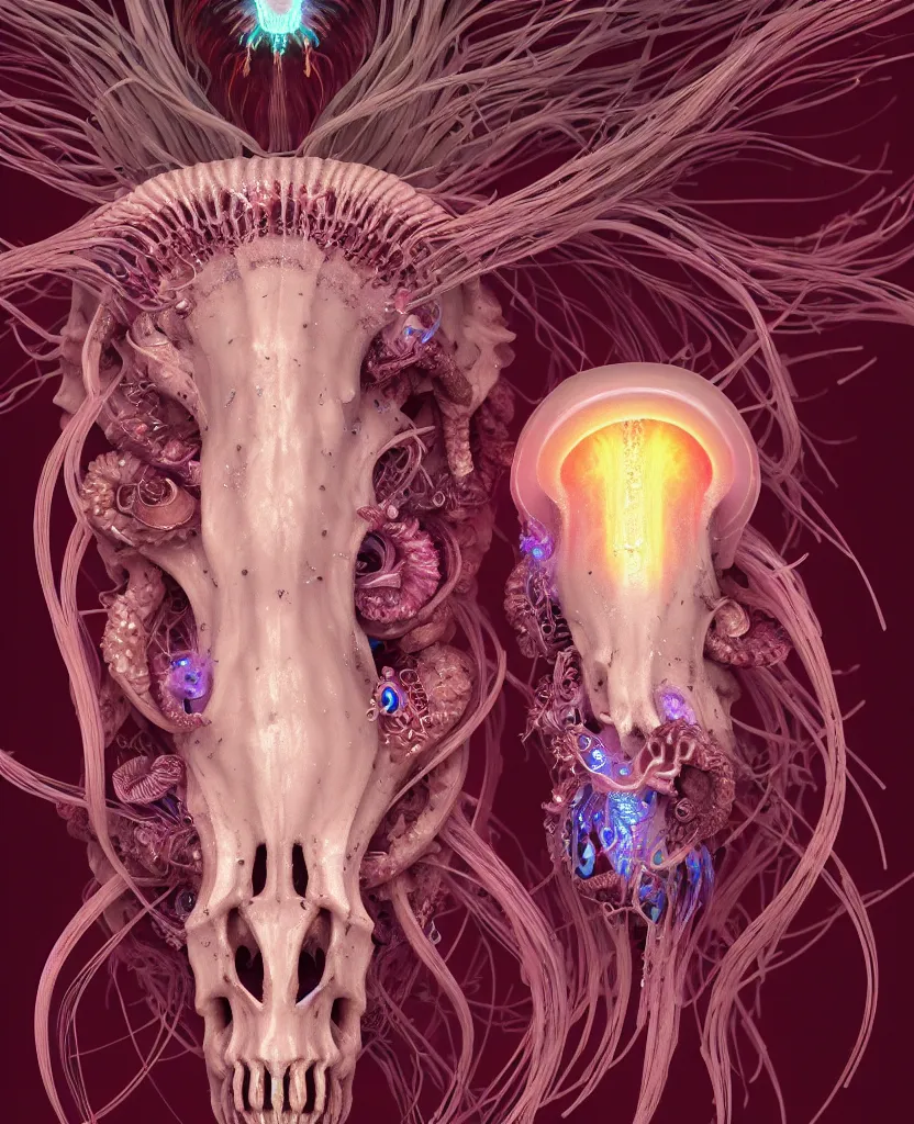 Image similar to goddess close-up portrait ram skull. jellyfish phoenix head, nautilus, orchid, skull, betta fish, bioluminiscent creatures, intricate artwork by Tooth Wu and wlop and beeple. octane render, trending on artstation, greg rutkowski very coherent symmetrical artwork. cinematic, hyper realism, high detail, octane render, 8k