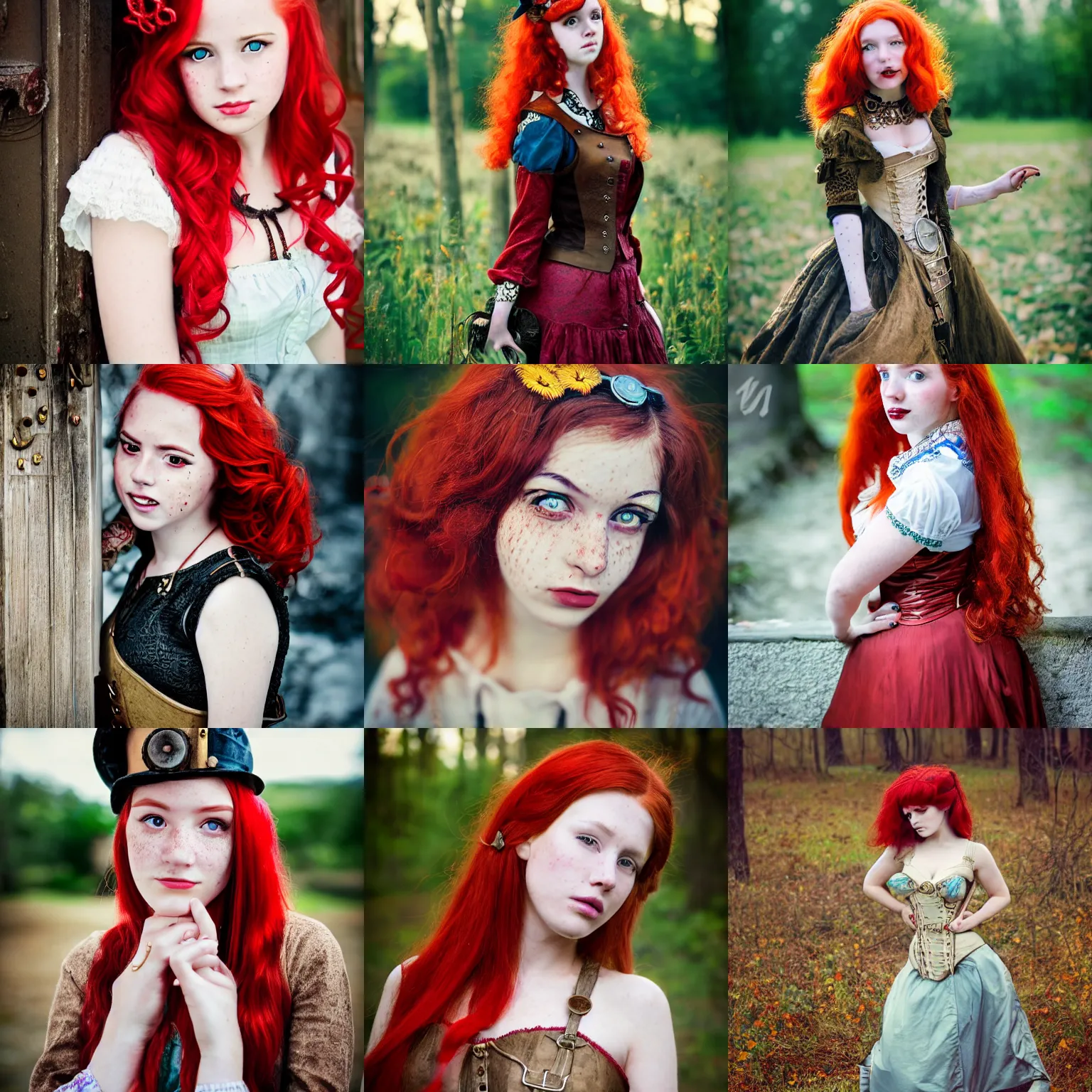 Prompt: photo of a twenty year old woman in steampunk fashion by lilia alvarado, red hair, freckles