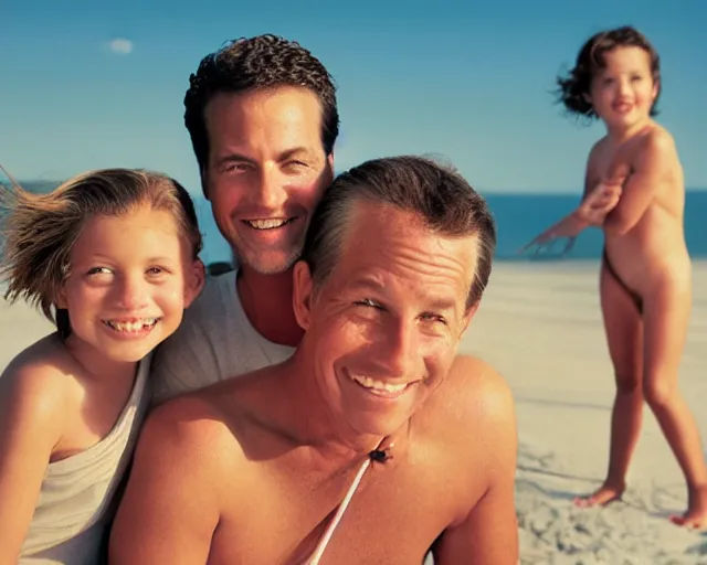 Prompt: portrait of a happy family at the beach, outdoor lighting, realistic, smooth face, perfect eyes, wide angle, sharp focus, high quality, professional photography, photo by annie leibovitz, mark mann