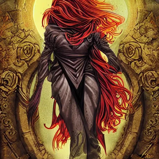 Image similar to The celestial warlock (a beautiful half elf with long red hair) clumsily knocks a single red rose from the top of a funerary urn, releasing an angry wraith from inside. Dramatic digital art illustration in comic book style by Simon Bisley