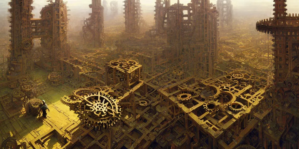 Image similar to giant interlocked gears cogs no people clockwork, giant mechanisms, industry, villages castles, buildings vista artstation illustration sharp focus sunlit vista painted by ruan jia raymond swanland lawrence alma tadema zdzislaw beksinski norman rockwell tom lovell alex malveda greg staples