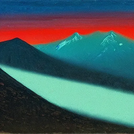 Prompt: mt elbrus, arkhip kuindzhi painting, twilight, teal palette, thus spoke Zarathustra