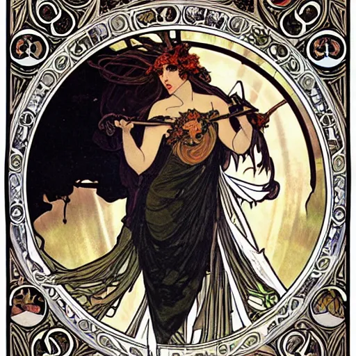 Prompt: persephone as goddess of death, painted by alphonse mucha