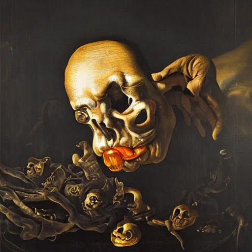 Image similar to refined gorgeous blended oil painting with black background by christian rex van minnen rachel ruysch dali todd schorr of a chiaroscuro portrait of an extremely bizarre disturbing mutated man with shiny skin acne dutch golden age vanitas intense chiaroscuro cast shadows obscuring features dramatic lighting perfect composition masterpiece