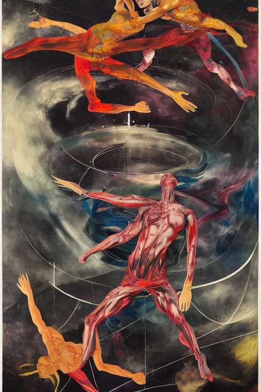 Image similar to two muscular men entwined, floating in space, zero gravity, inside a brutalist space ship, gothic, rich deep colours, painted by francis bacon, adrian ghenie, james jean and petra cortright, part by gerhard richter, part by takato yamamoto. 8 k masterpiece