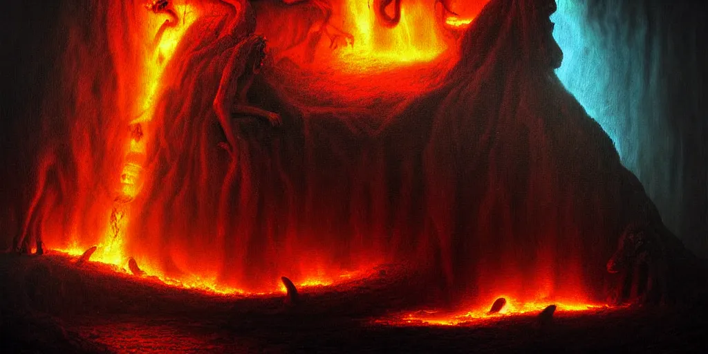 Image similar to mythical creatures and monsters at the mouth of hell, dramatic lighting glow from giant fire, in a dark surreal painting by ronny khalil