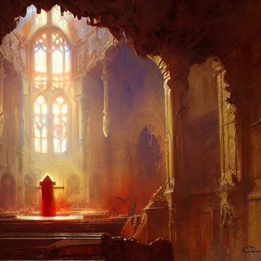 Prompt: a chapel's ceiling is broken in half as a red magical portal from hell opens up there. highly detailed painting by gaston bussiere, greg rutkowski 8 k