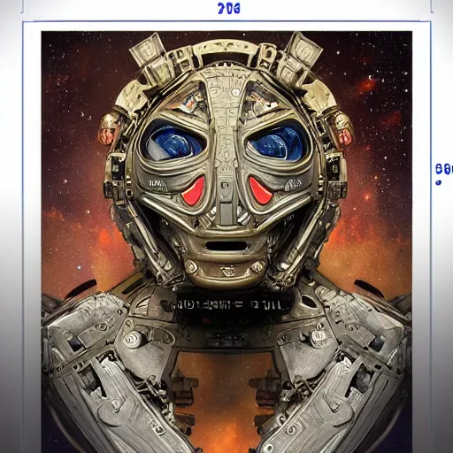 Image similar to portrait of military robot made with plasteel by Jeff Easley and Peter Elson + beautiful eyes, beautiful face + symmetry face + border and embellishments inspiried by alphonse mucha, fractals in the background, galaxy + baroque, gothic, surreal + highly detailed, intricate complexity, epic composition, magical atmosphere + masterpiece, award winning + trending on artstation