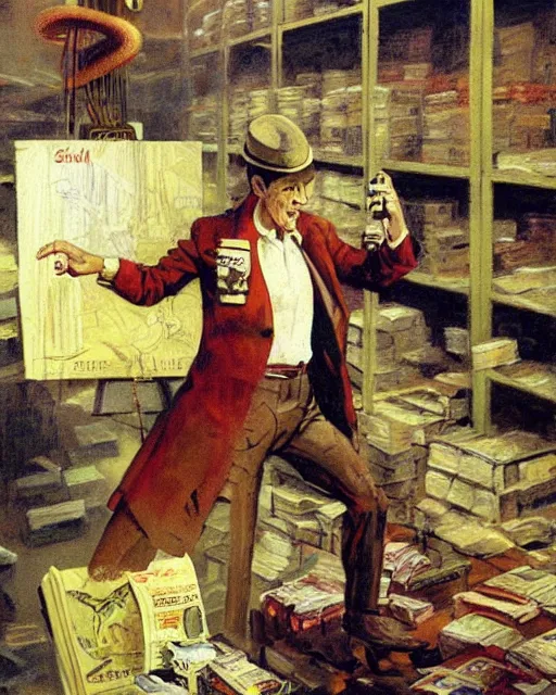 Image similar to Snake Oil salesman shredding on a Gibson Les Paul in a snake oil warehouse, painting by Frank Frazetta