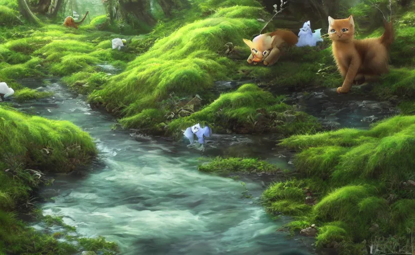 Prompt: wild fantasy cats in a clear water stream in a mossy forest, oil painting by Makoto Shinkai