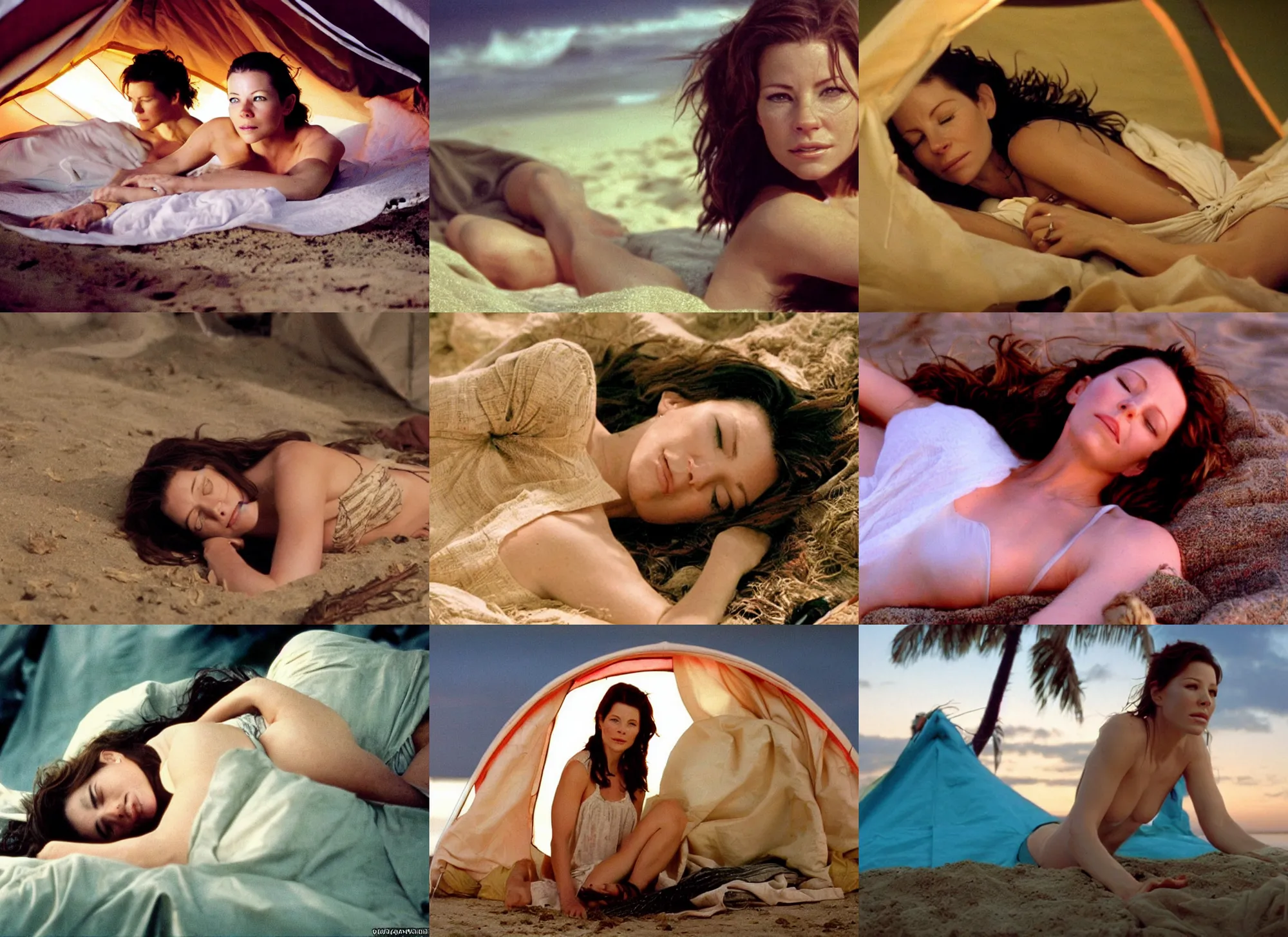 Prompt: evangeline lily sleeping in a tent on a tropical beach, lost ( 2 0 0 4 ), sundown, cinematic
