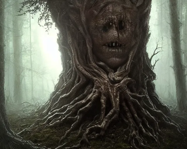 Image similar to a talking oak tree, huge face in the bark, eyes in the bark, mouth in the bark, horror concept art, sharp teeth, digital painting, oil painting, hyperrealistic, treebeard, ent, undead, fantasy monster, moonlight, in the forest, by greg rutkowski