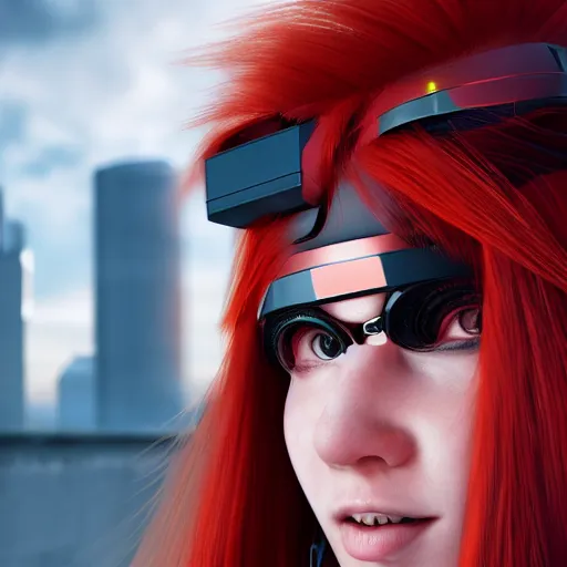 Image similar to red haired female, cyberpunk, wearing futuristic goggle, cyborg ; photorealistic, hyper real, 8 k, high details