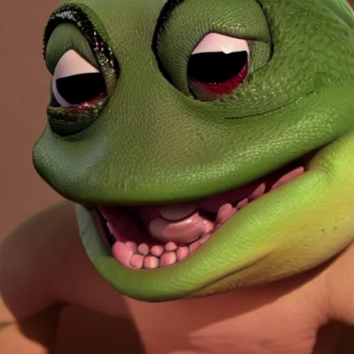 Prompt: a madge - pepe - the - frog, looking angrier than usual, quivering lips, fists in the air, sweat flying, cgi render, zbrush, octane, keyshot render