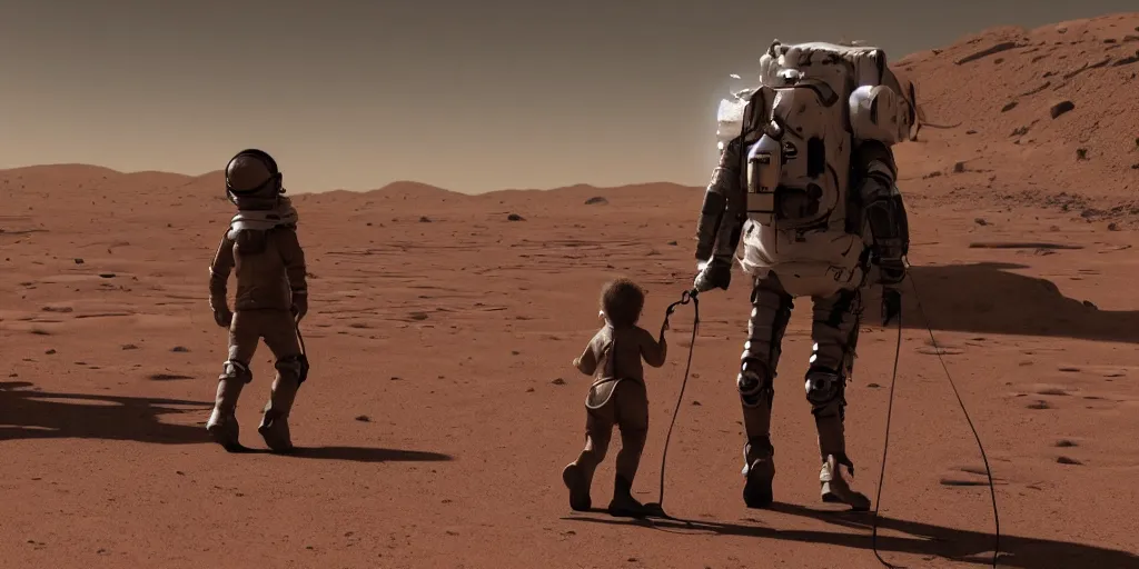 Prompt: a child taking his dog for a walk in the human settlement main city on Mars, 4k, high detail