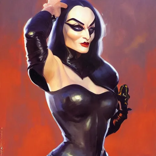 Image similar to greg manchess portrait painting of armored morticia from addams family as overwatch character, medium shot, asymmetrical, profile picture, organic painting, sunny day, matte painting, bold shapes, hard edges, street art, trending on artstation, by huang guangjian and gil elvgren and greg rutkowski