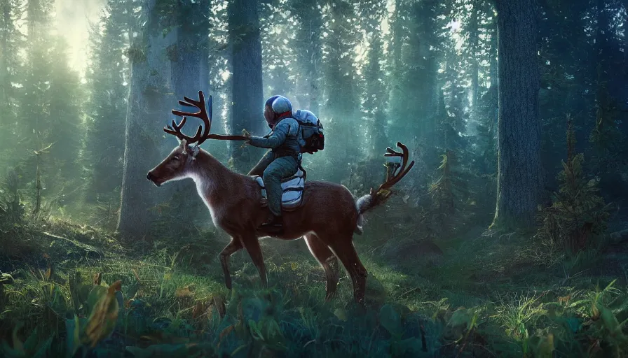 Image similar to american astronaut in the forest riding a reindeer, plants environment, wide angle, cinematic lighting, atmospheric, ultrarealistic, trending on artstation, cgsociety, highly detailed, color graded, in the style of craig mullins, rendered in Unreal Engine 4k HQ