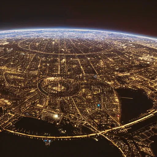 Prompt: aerial photo of a giant ring-shaped space station encircling a modern city, the ring is horizontal, surrounding the city, establishing shot, cinematic